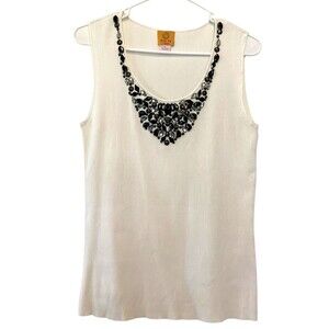 Ruby Red Knit Beaded Tank Top Womans 1X Tight knit Cream w/Black Clear Beads